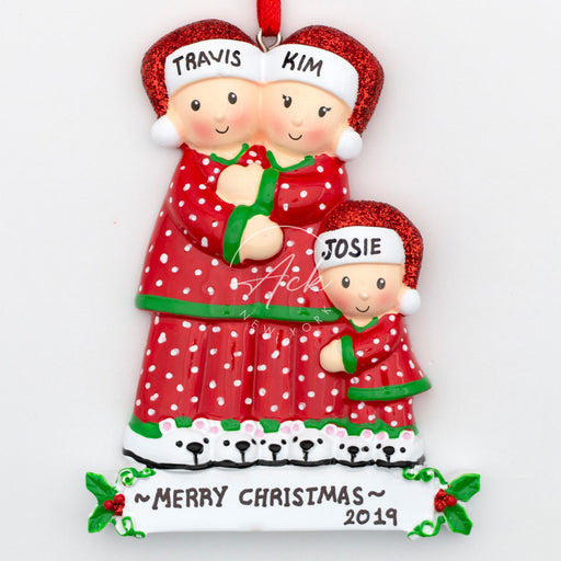 Pajama Family of 3 Personalized Christmas Ornament