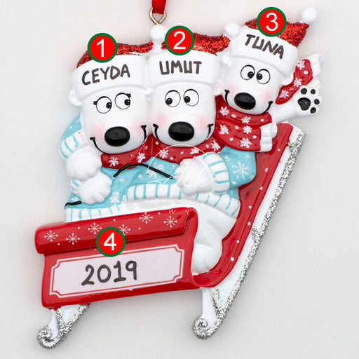 Snow Sled Family of 3 Personalized Christmas Ornament