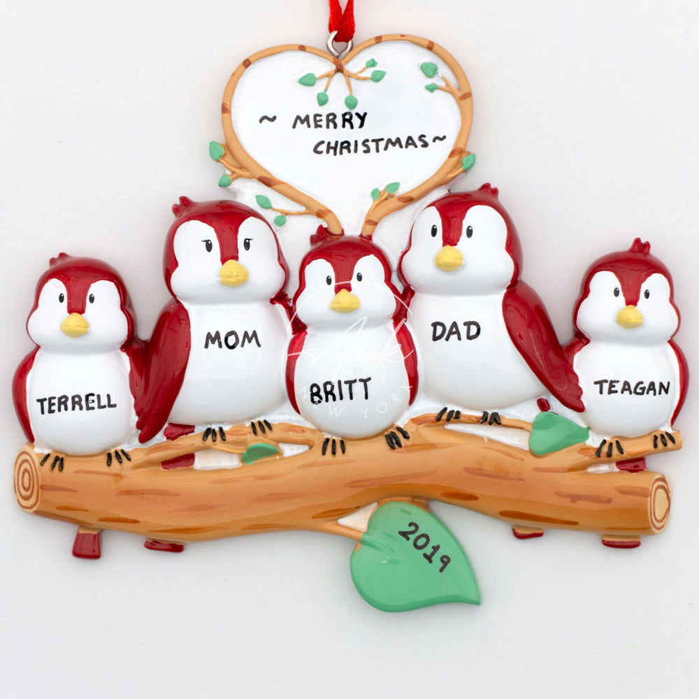 Bird Family of 5 Personalized Christmas Ornament