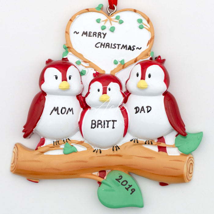 Bird Family of 3 Personalized Christmas Ornament