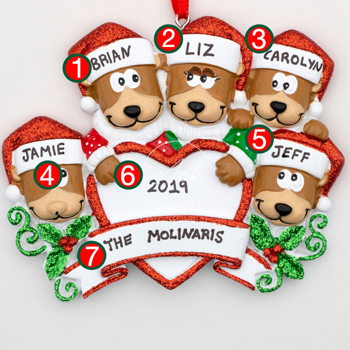Brown Bear Family of 5 Personalized Christmas Ornament
