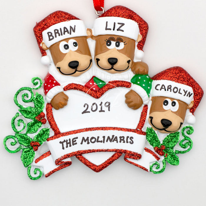 Brown Bear Family of 3 Personalized Christmas Ornament
