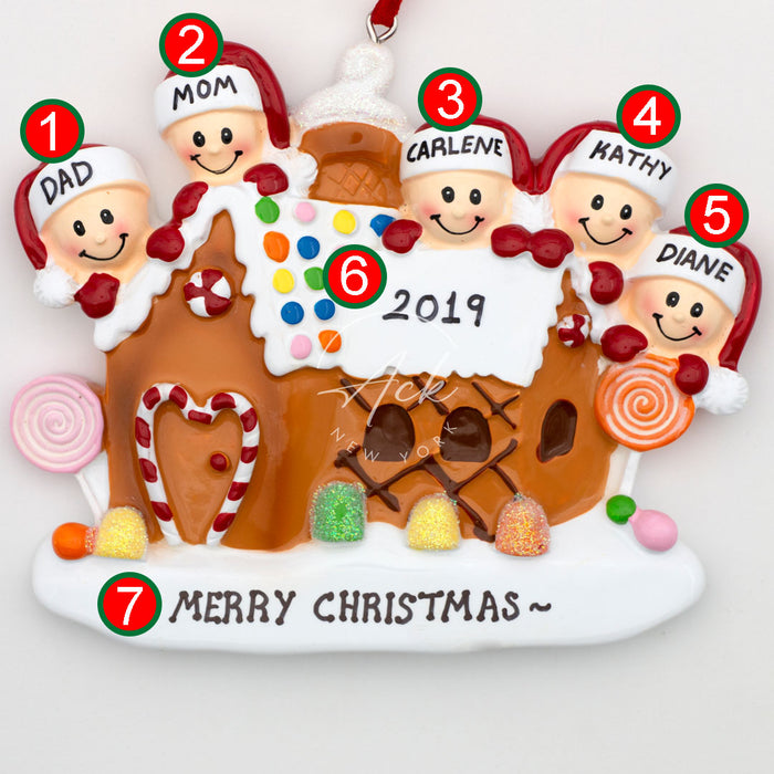Candy House Family of 5 Personalized Christmas Ornament