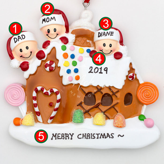 Candy House Family of 3 Personalized Christmas Ornament