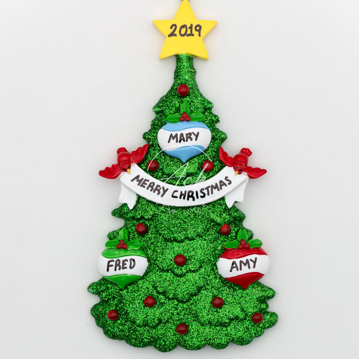 Green Christmas Tree Family of 3 Personalized Christmas Ornament