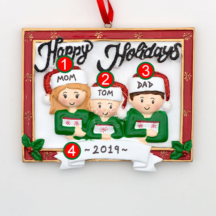 Happy Holidays Family of 3 Personalized Christmas Ornament