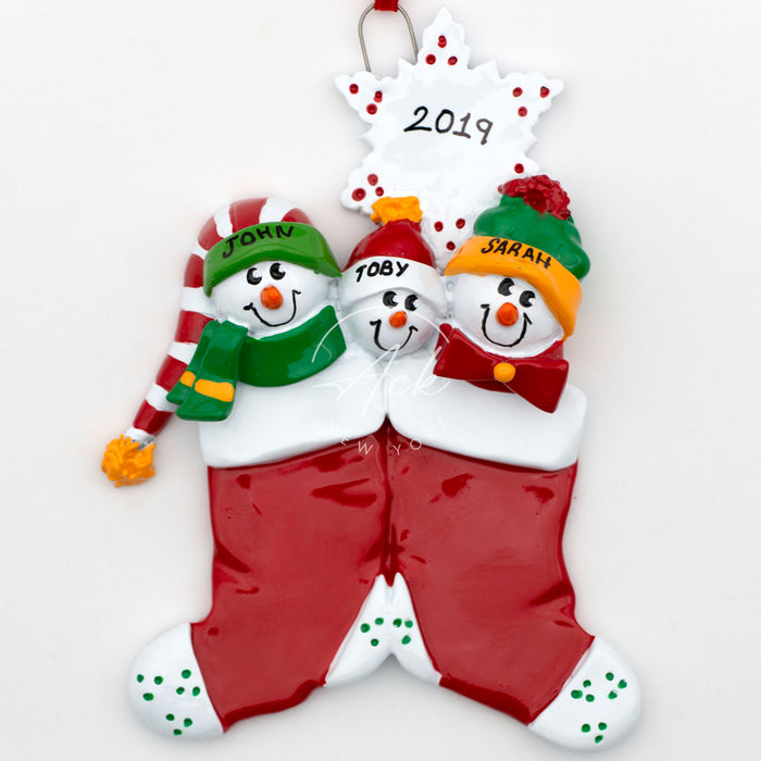 Large Stocking Family of 3 Personalized Christmas Ornament