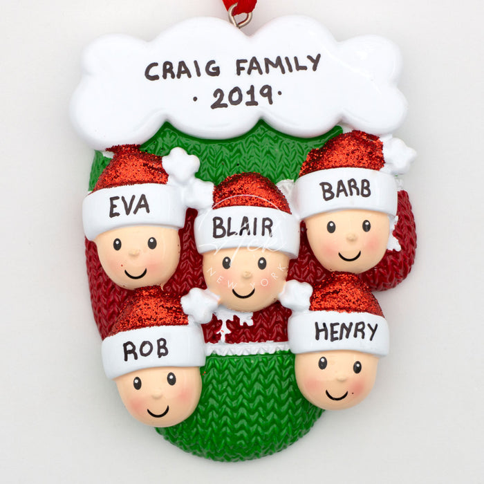 Mitten Family of 5 Personalized Christmas Ornament