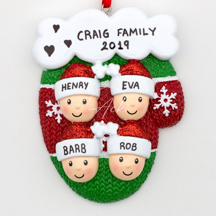 Mitten Family of 4 Personalized Christmas Ornament