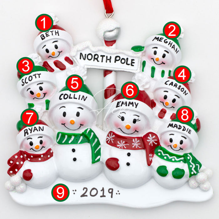 North Pole Family of 8 Personalized Christmas Ornament