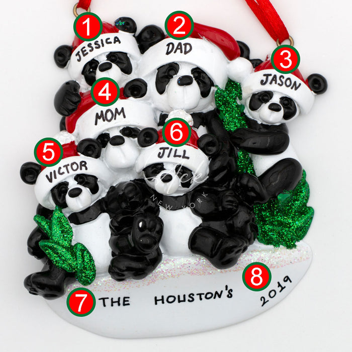Panda Family of 6 Personalized Christmas Ornament