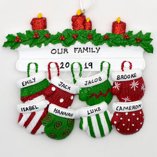 Red Green Mitten Family of 8 Personalized Christmas Ornament