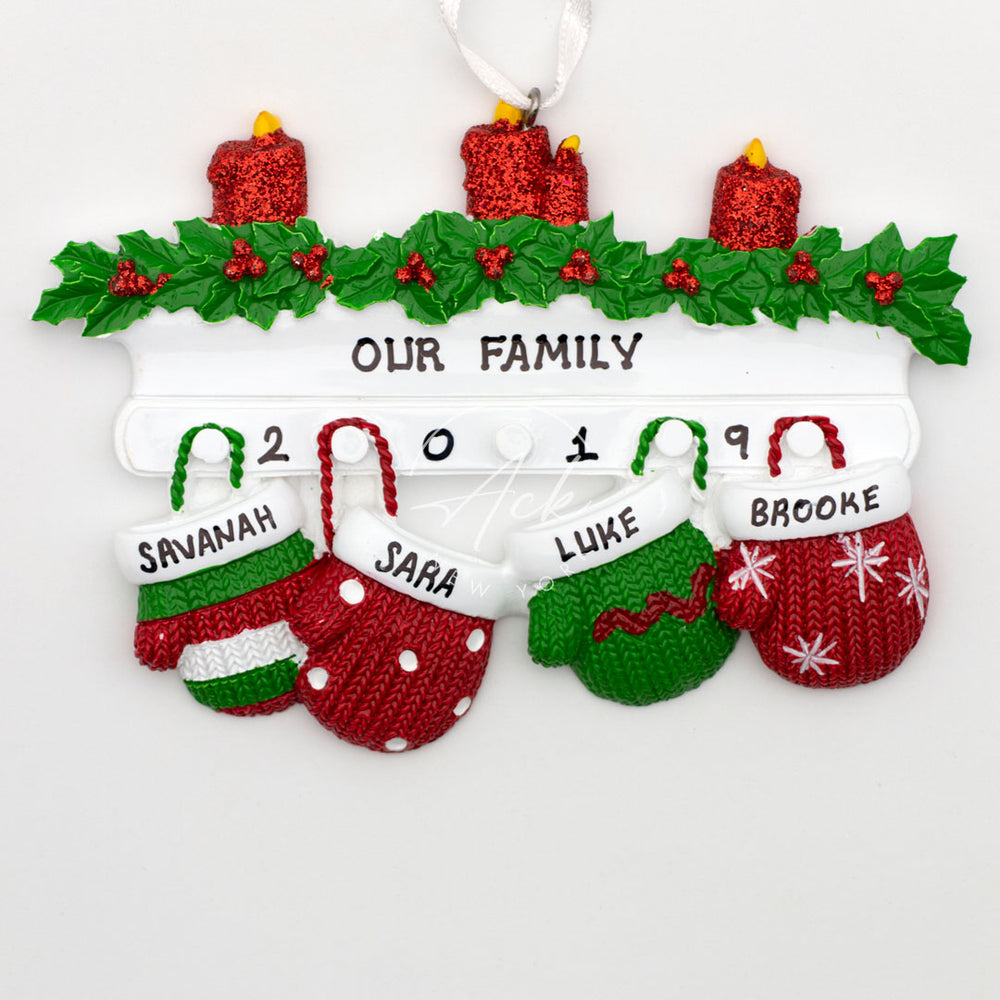 Red Green Mitten Family of 4 Personalized Christmas Ornament