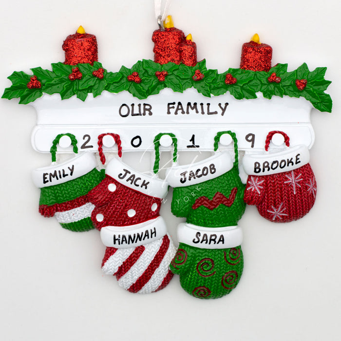 Red Green Mitten Family of 6 Personalized Christmas Ornament