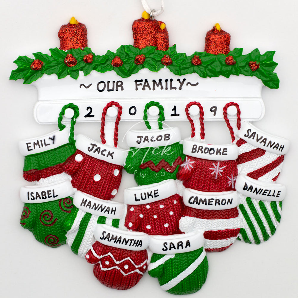 Red Green Mitten Family of 12 Personalized Christmas Ornament