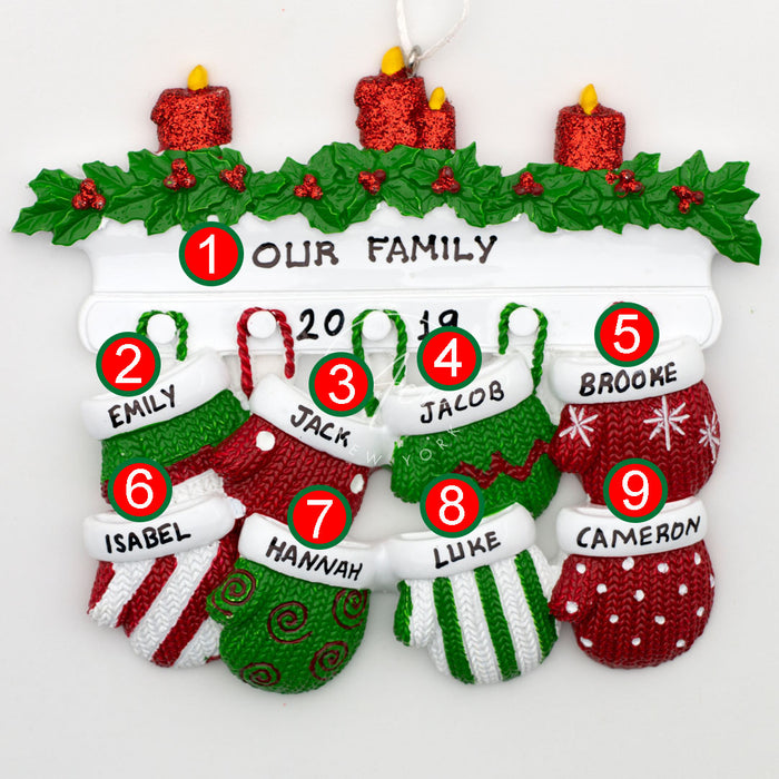 Red Green Mitten Family of 8 Personalized Christmas Ornament