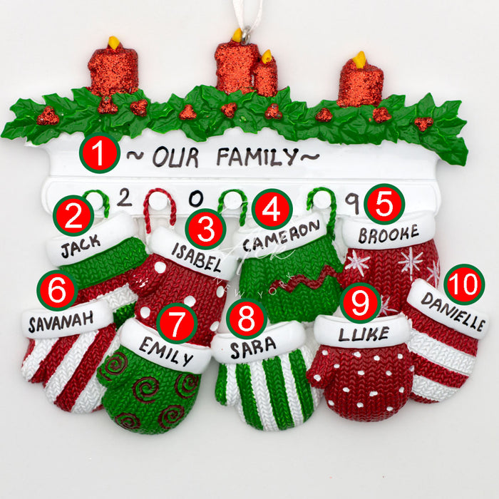 Red Green Mitten Family of 9 Personalized Christmas Ornament