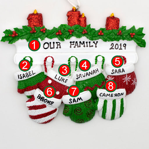 Red Green Mitten Family of 7 Personalized Christmas Ornament