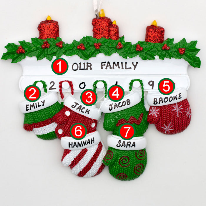 Red Green Mitten Family of 6 Personalized Christmas Ornament