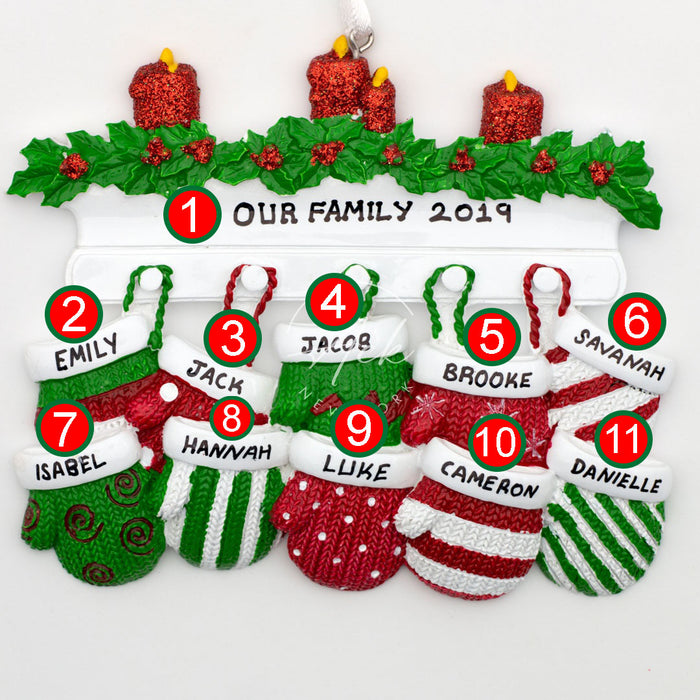 Red Green Mitten Family of 10 Personalized Christmas Ornament