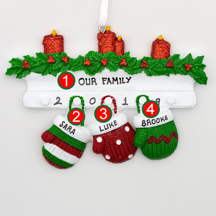 Red Green Mitten Family of 3 Personalized Christmas Ornament