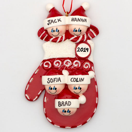 Red Mitten Family of 5 Personalized Christmas Ornament