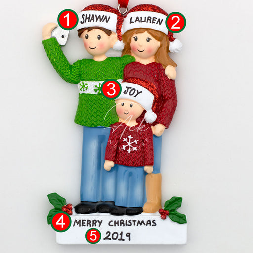 Selfie Family of 3 Personalized Christmas Ornament