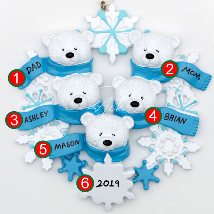 Snow Bear Family of 5 Personalized Christmas Ornament