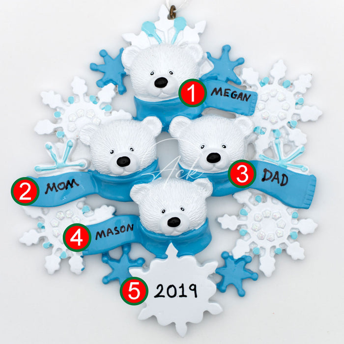 Snow Bear Family of 4 Personalized Christmas Ornament