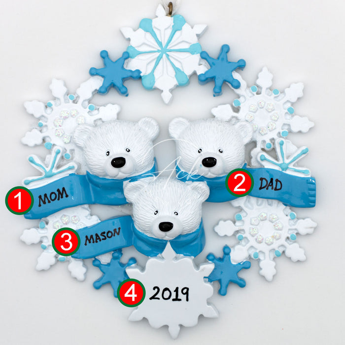 Snow Bear Family of 3 Personalized Christmas Ornament