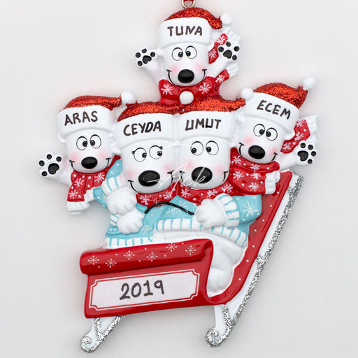 Snow Sled Family of 5 Personalized Christmas Ornament