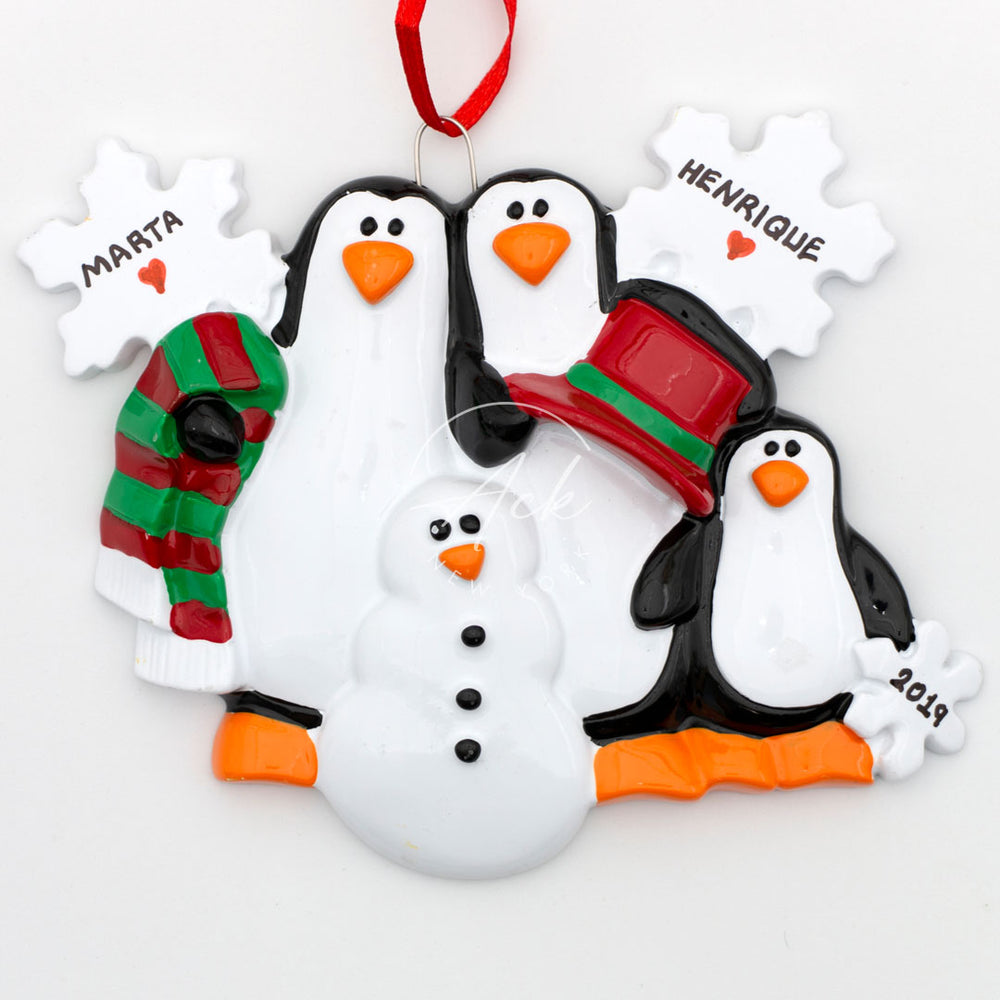 Snowman and Penguin Family of 3 Personalized Christmas Ornament