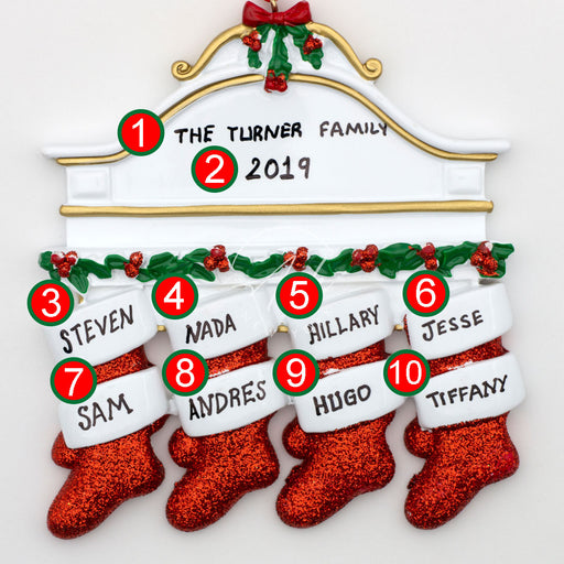 Red Stockings Family of 8 Personalized Christmas Ornament