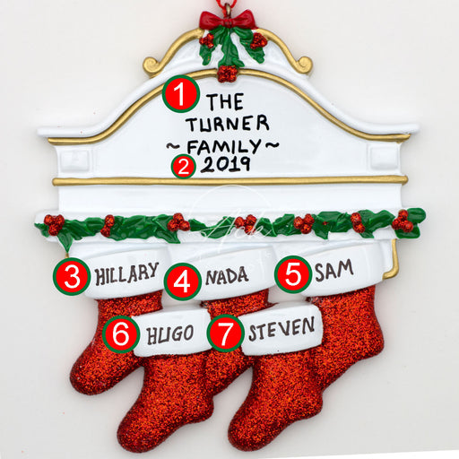 Red Stockings Family of 5 Personalized Christmas Ornament