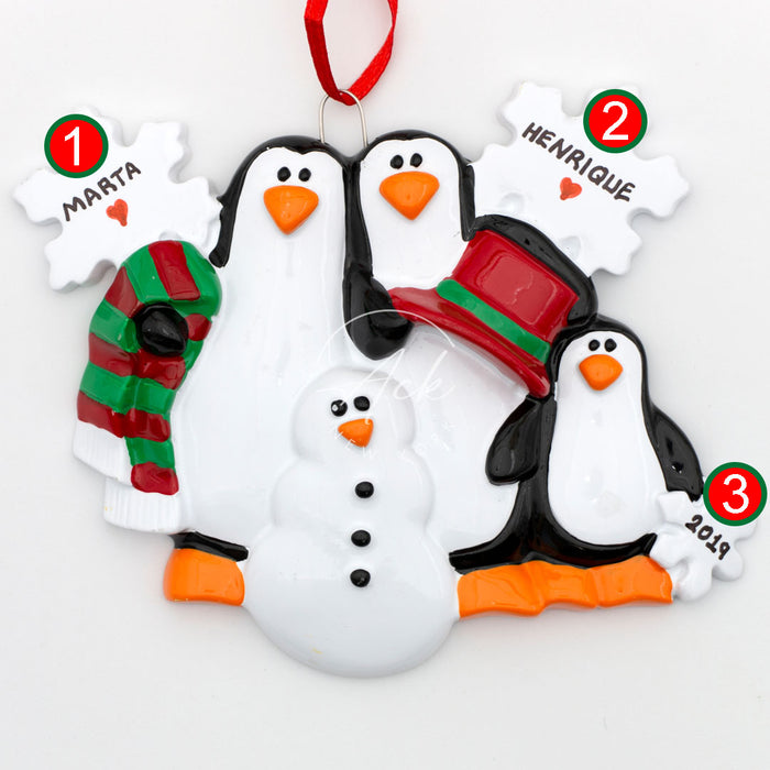 Snowman and Penguin Family of 3 Personalized Christmas Ornament