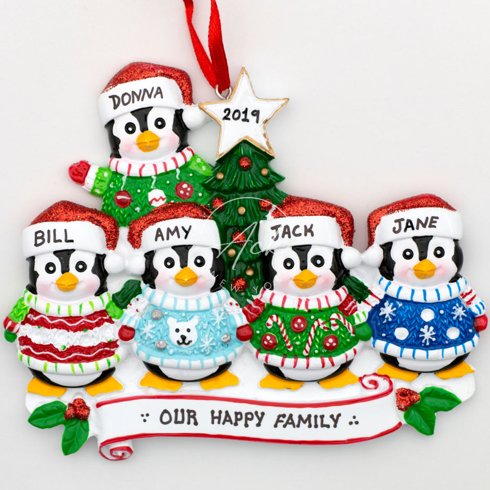 Ugly Sweater Penguin Family of 5 Personalized Christmas Ornament