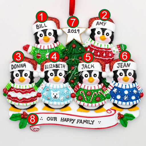 Ugly Sweater Penguin Family of 6 Personalized Christmas Ornament