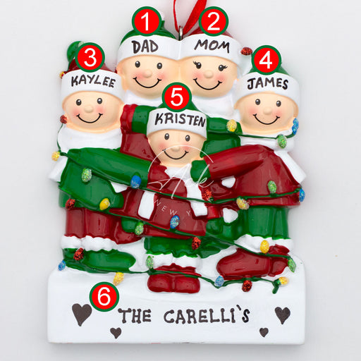 Tangled in Lights Family of 5 Personalized Christmas Ornament