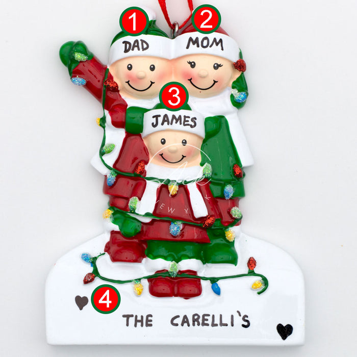 Tangled in Lights Family of 3 Personalized Christmas Ornament